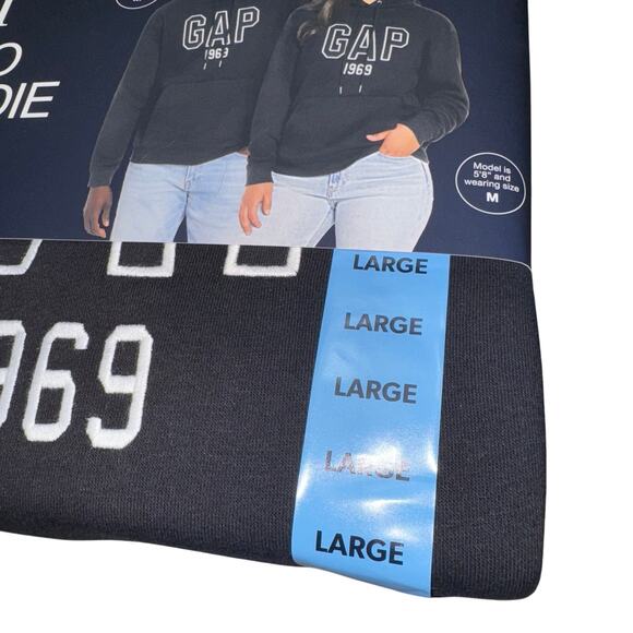 GAP Hoodie Mens Large True Black Logo 1969 Embroidered Pullover Fleece - Picture 7 of 13